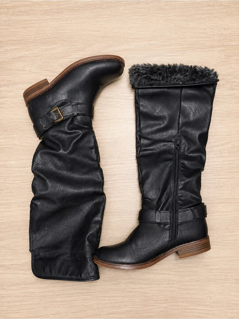 Black Faux-Leather Knee-High Winter Boots with Faux-Fur Cuff